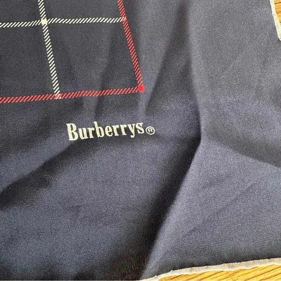 Vintage Burberrys of London Silk Scarf Navy Plaid Equestrian Logo Square - Picture 3 of 6